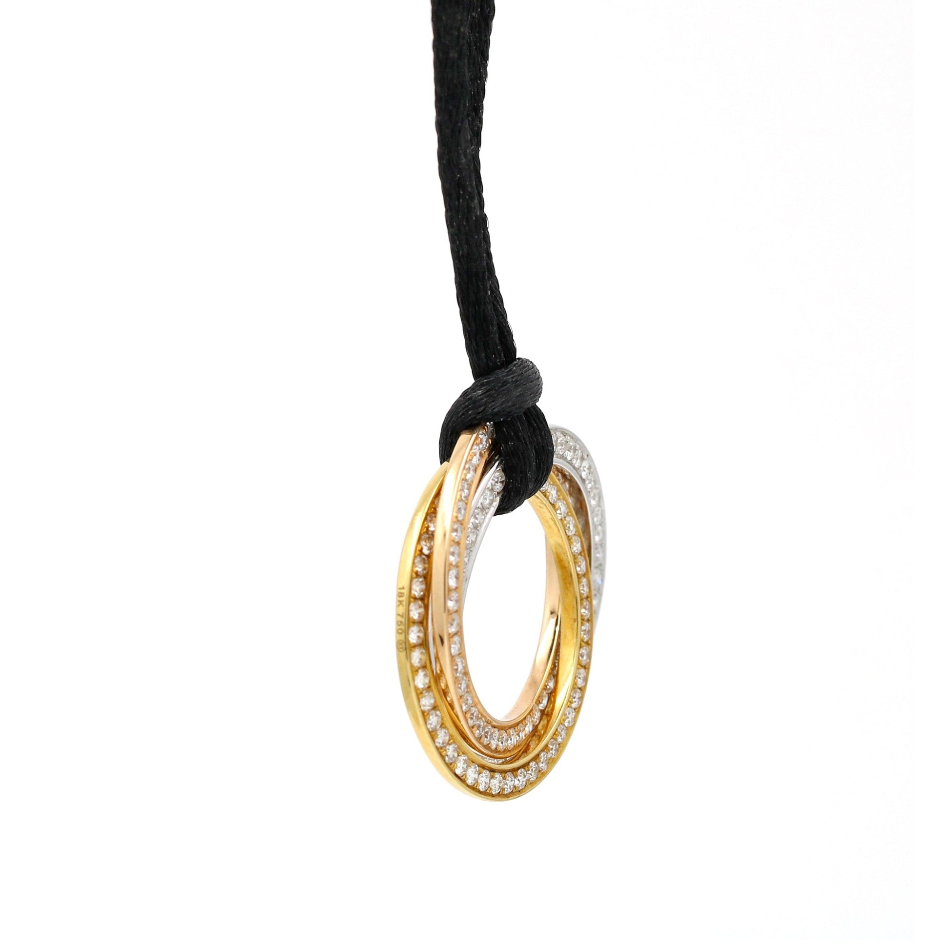 Women's Trinity Diamond Pendant Necklace in 18k Tri-Color Gold Black Silk Cord - 31 Jewels Inc.