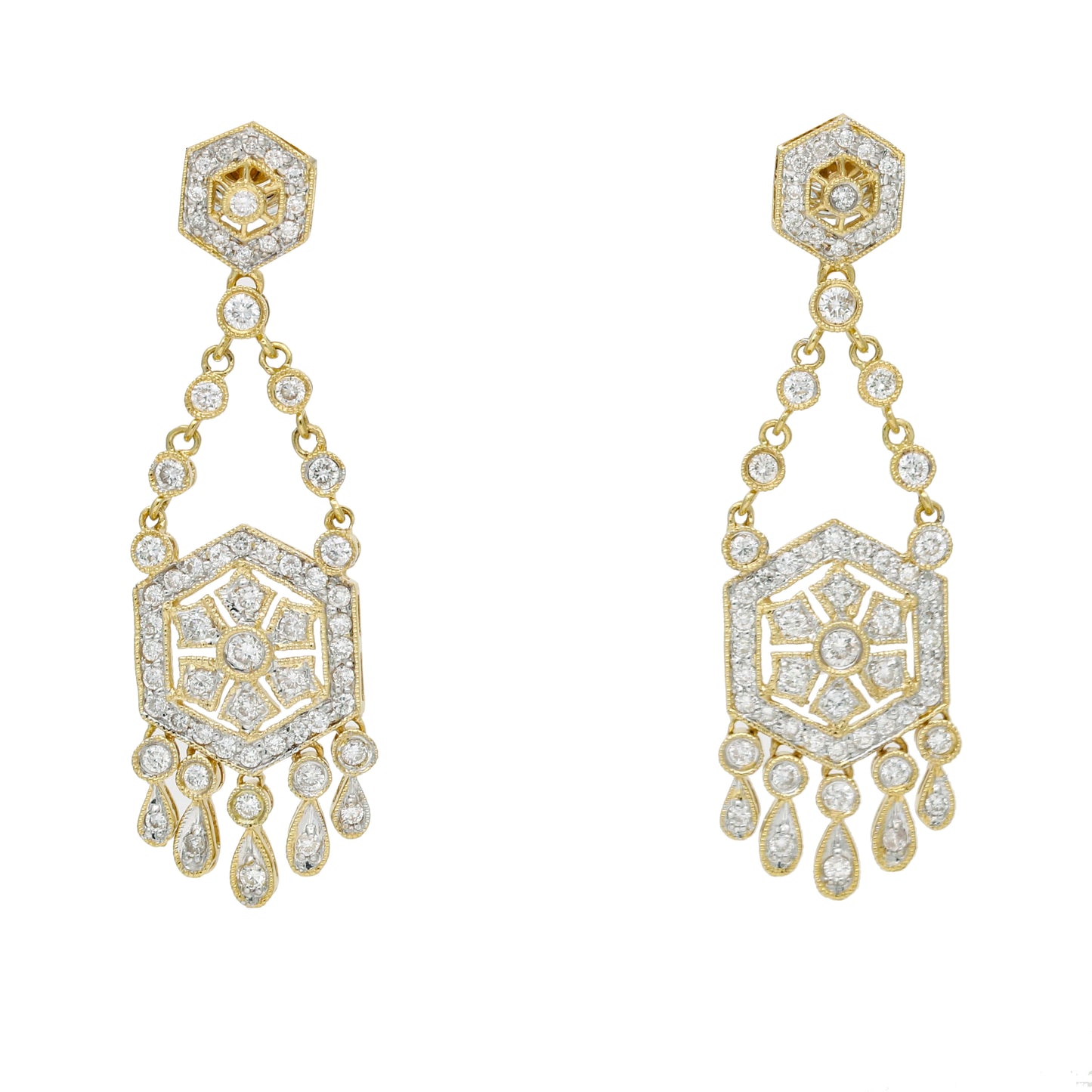 Women's Chandelier Dangle Art Deco Style Earrings with Diamonds in 18k Yellow Gold