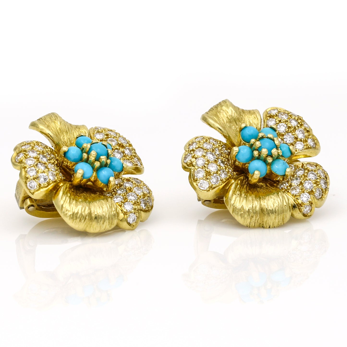 Turquoise Diamond Five Petal Flower Earrings in 18k Yellow Gold