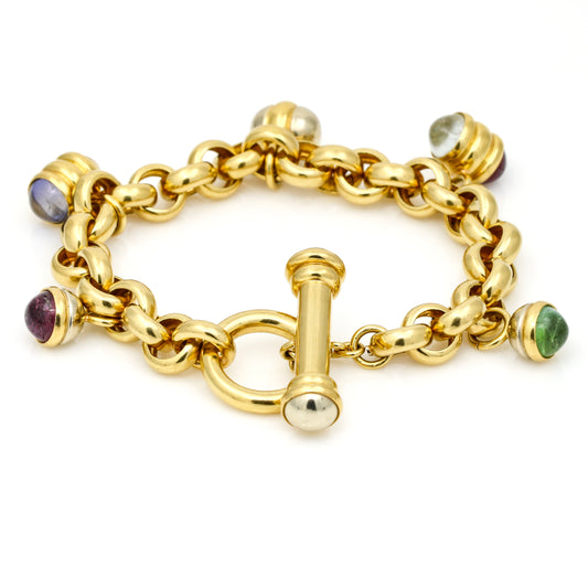 Italian 18k Yellow Gold Gemstone Charm Statement Toggle Bracelet
