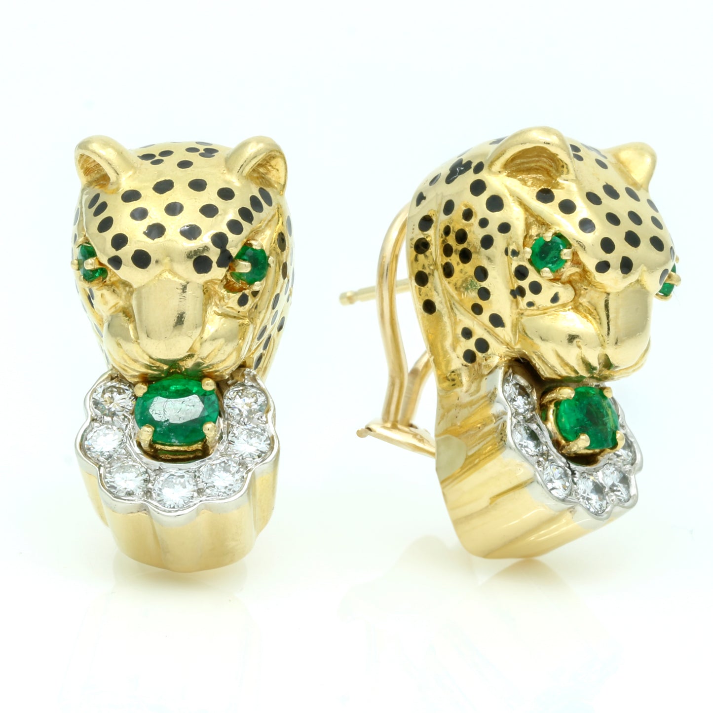 Emis Beros 18K Yellow Gold Panther Earrings with Emeralds, Diamonds, and Enamel