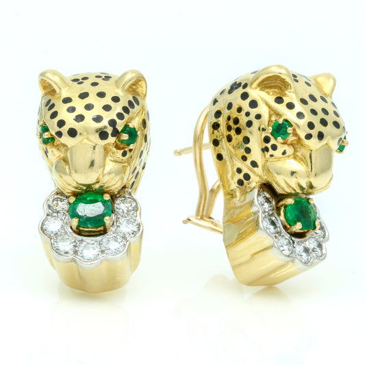 Emis Beros 18K Yellow Gold Panther Earrings with Emeralds, Diamonds, and Enamel