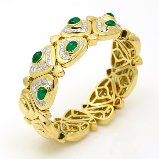 Women's Emerald and Diamond Cuff Bangle Statement Bracelet in 18k Yellow Gold