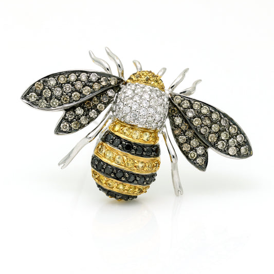 Bumble Bee Fancy Color Pave Diamond Brooch - 18k White Gold