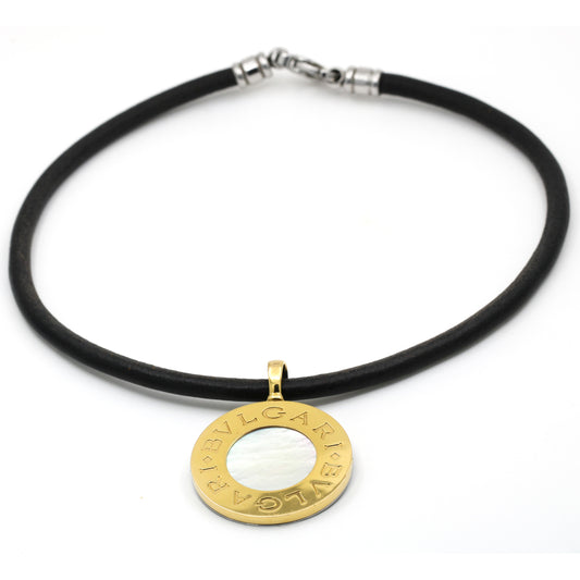 Bulgari Bulgari Reversible Pendant Leather Necklace MOP/Onyx Steel 18k Gold