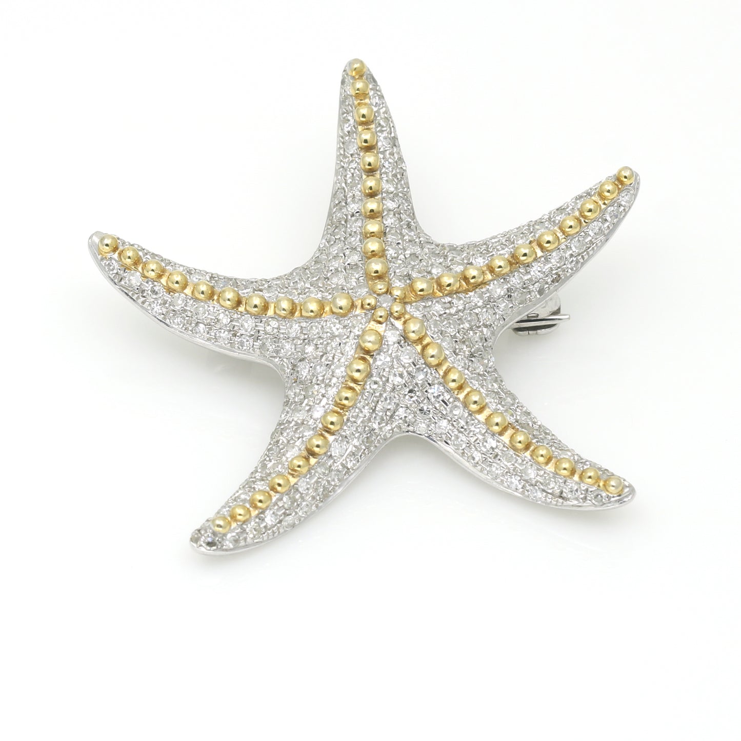 Sparkling Pave Diamond Starfish Brooch Pendant in 14k Yellow and White Gold