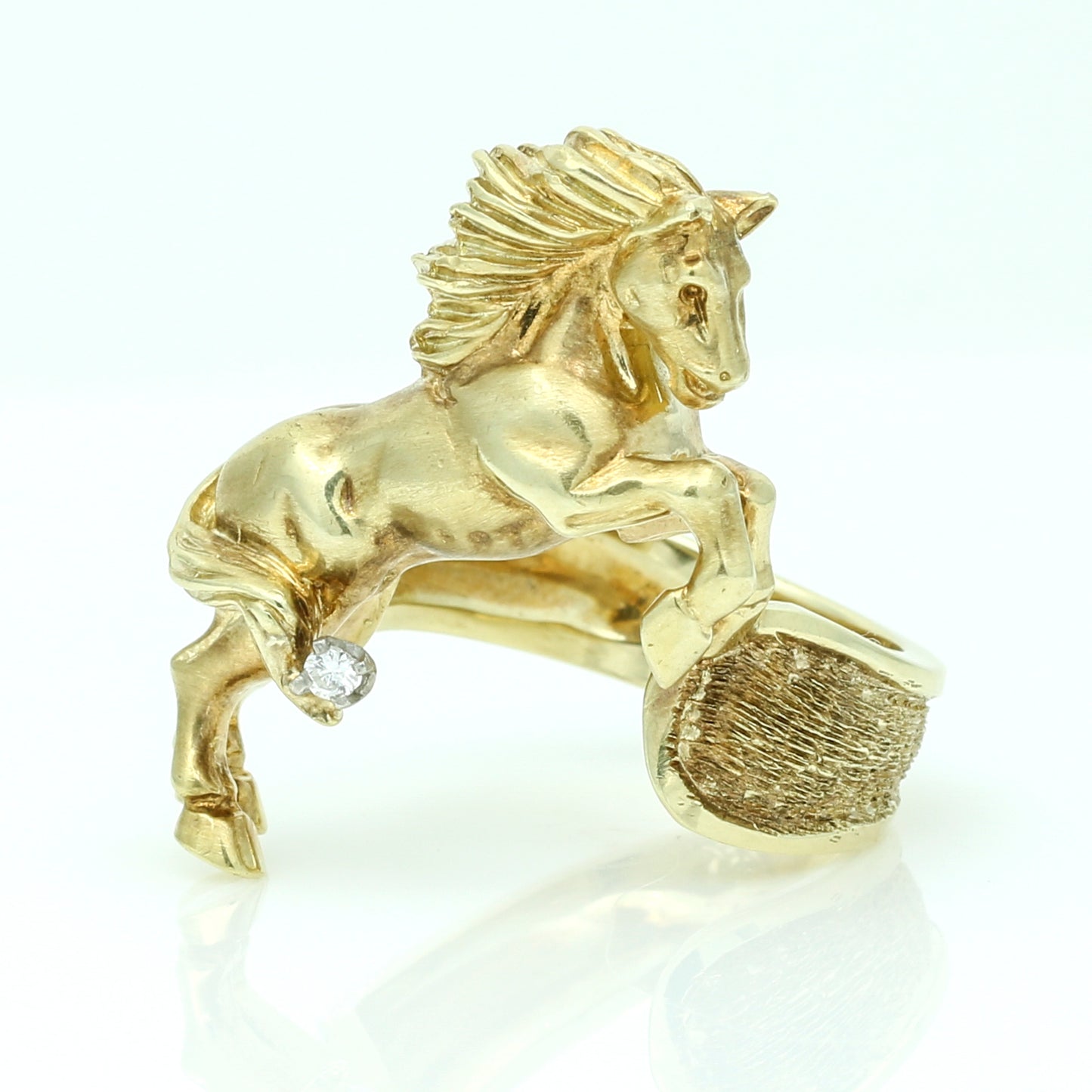 Horse Rearing Diamond Vintage Statement Ring 14k Yellow Gold Signed MK