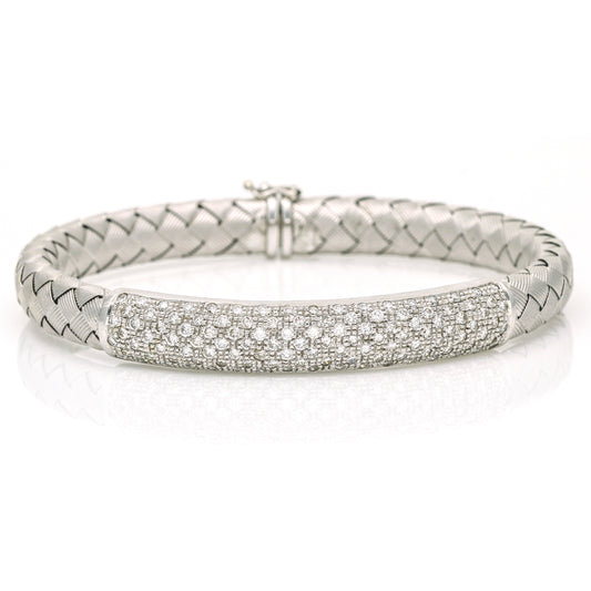 Pave Diamond ID Woven Bracelet in 18k White Gold Size Large