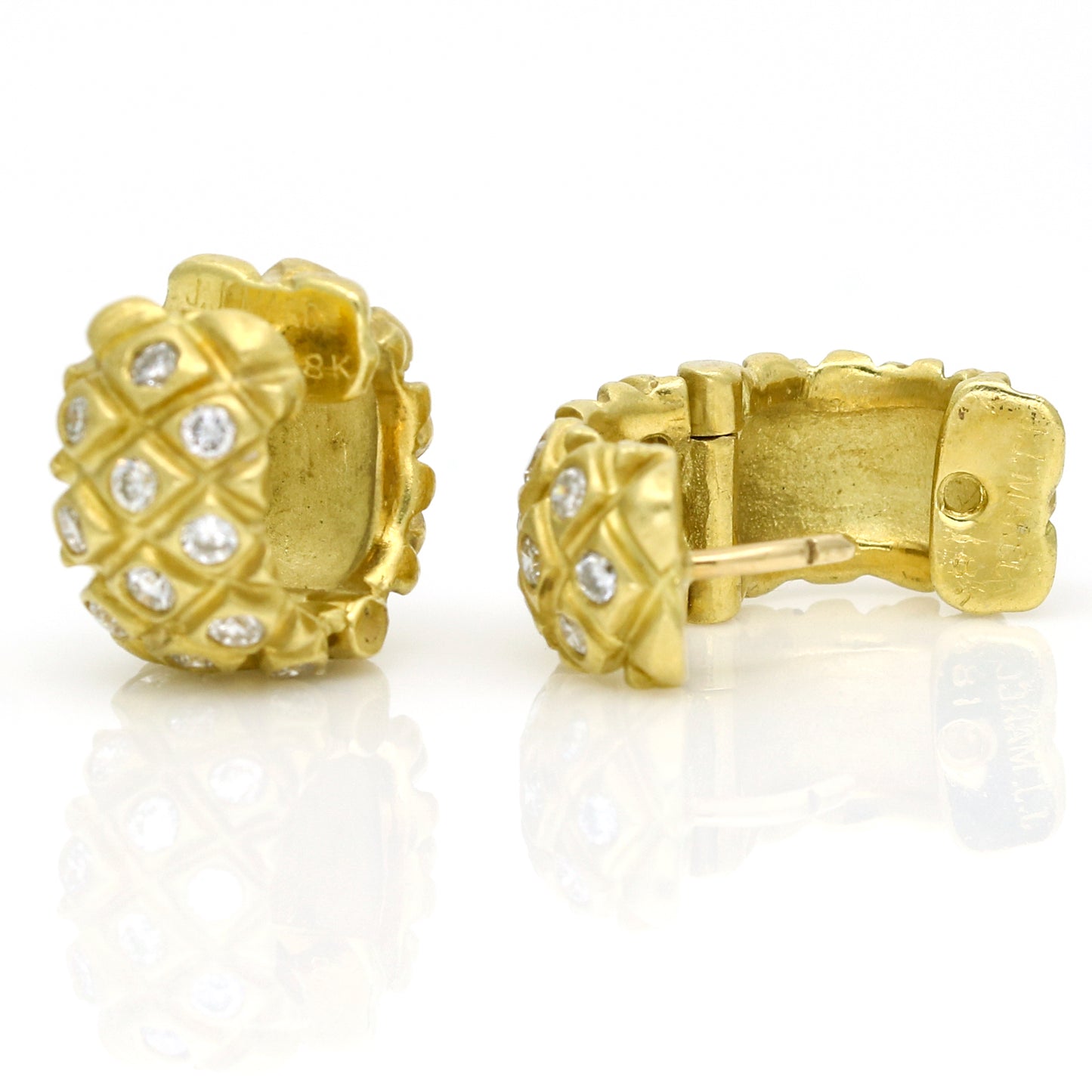 J.J. Marco 18K Yellow Gold Pineapple Pattern Hoop Earrings with Diamonds