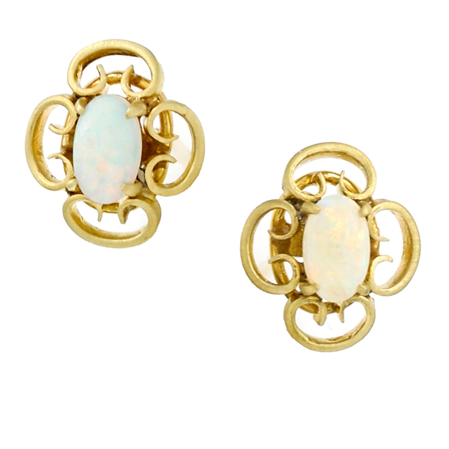 Women's Satin Finish Opal Stud Earrings with Openwork in 14k Yellow Gold