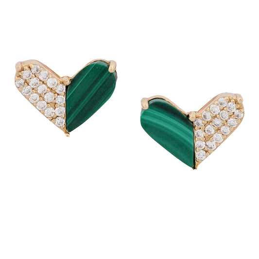 Meira T Malachite Diamond Heart Stud Earrings in 14k Yellow Gold