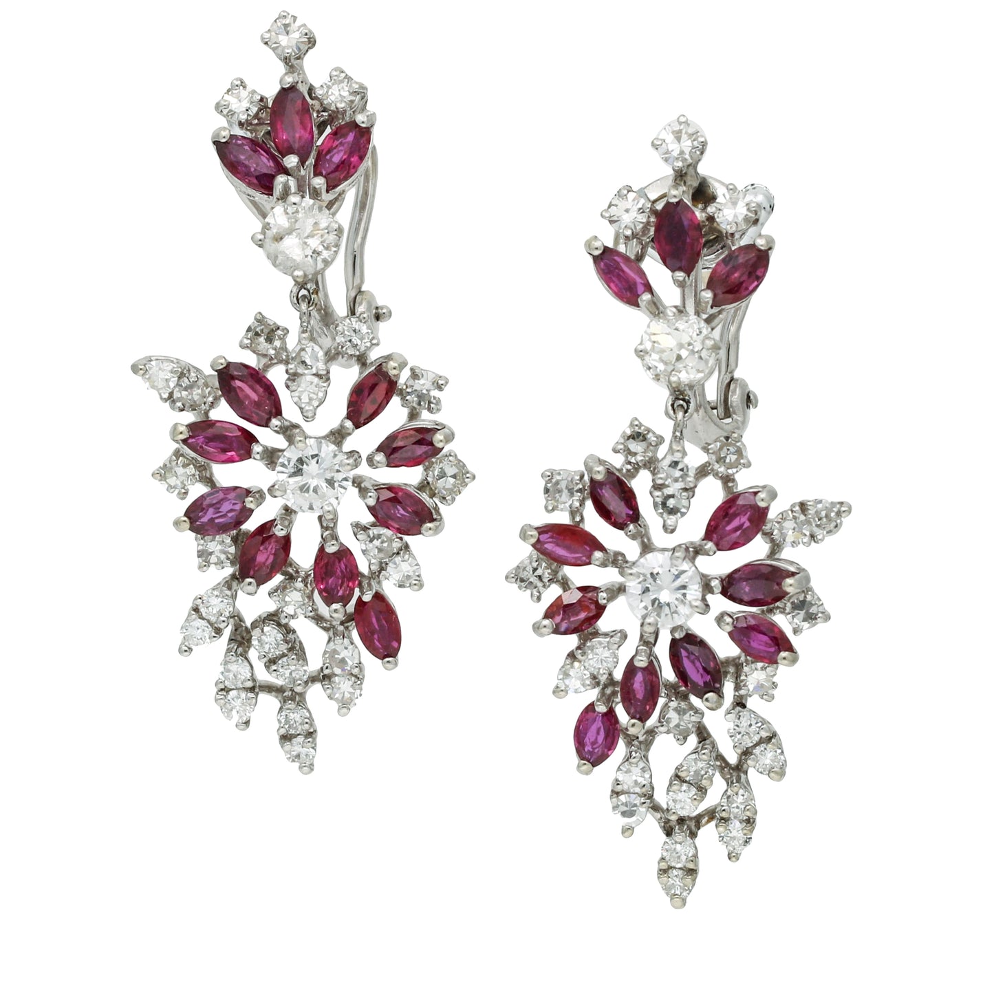 Vintage Ruby Diamond Palladium Drop Dangle Statement Earrings