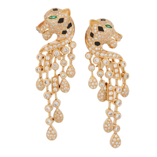 Leopard Pave Diamond Dangle Statement Earrings in 18k Yellow Gold