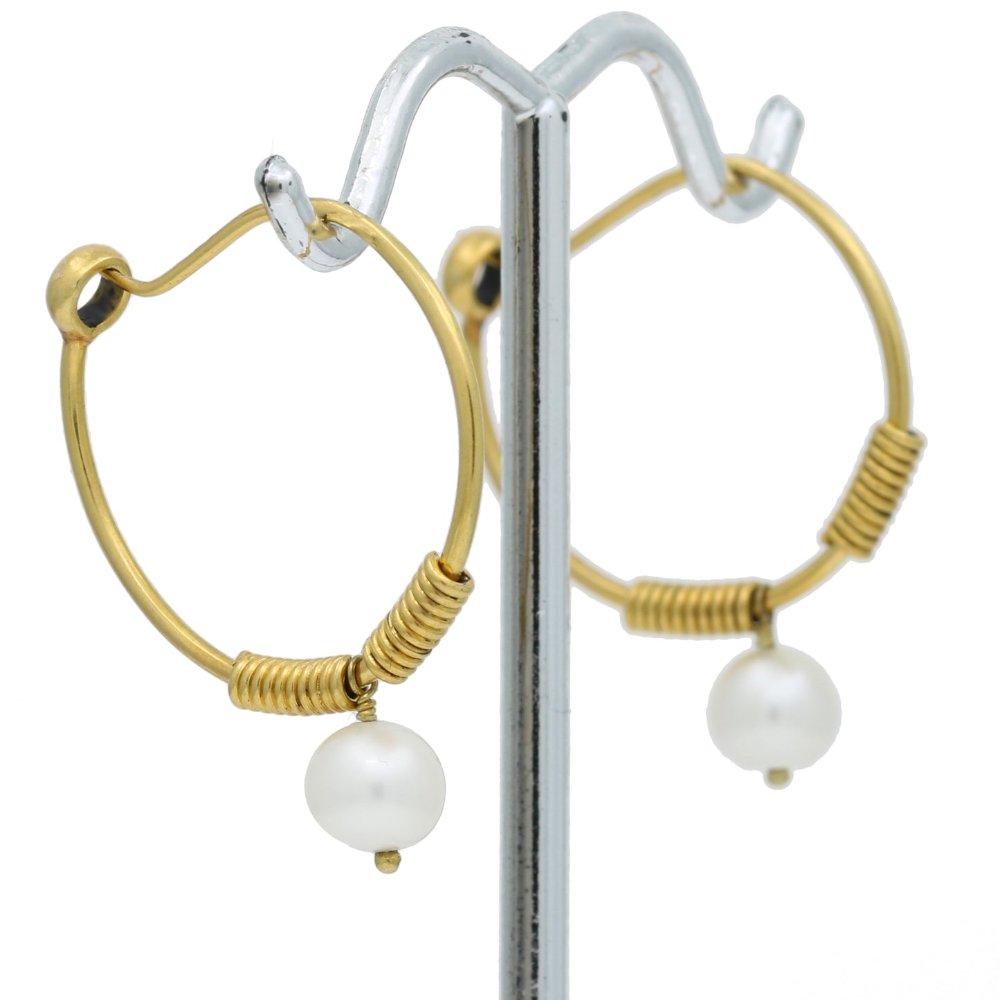 Women's Handmade Hoop Earrings Dangling White Pearl 18k Yellow Gold