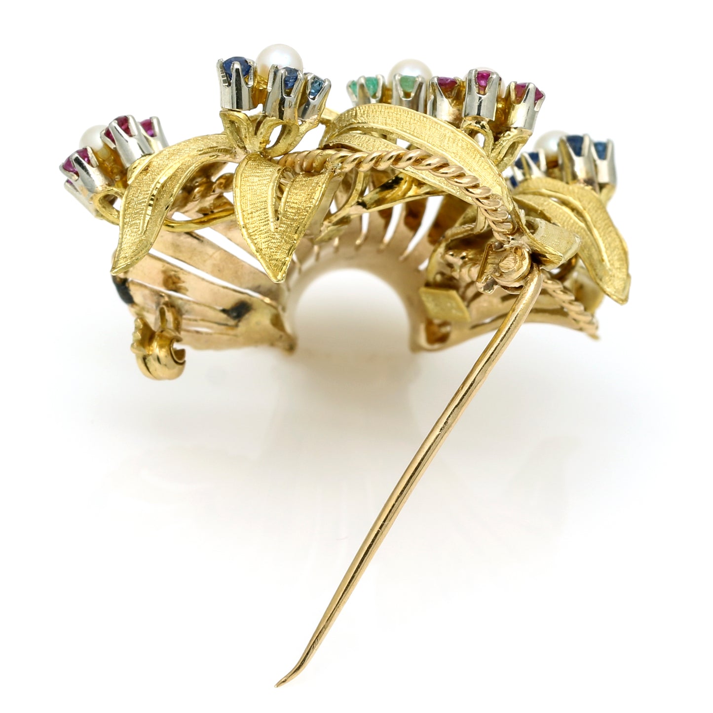 Vintage 18k Yellow Gold Brooch with Pearls, Rubies, Emeralds, and Sapphires - Signed V
