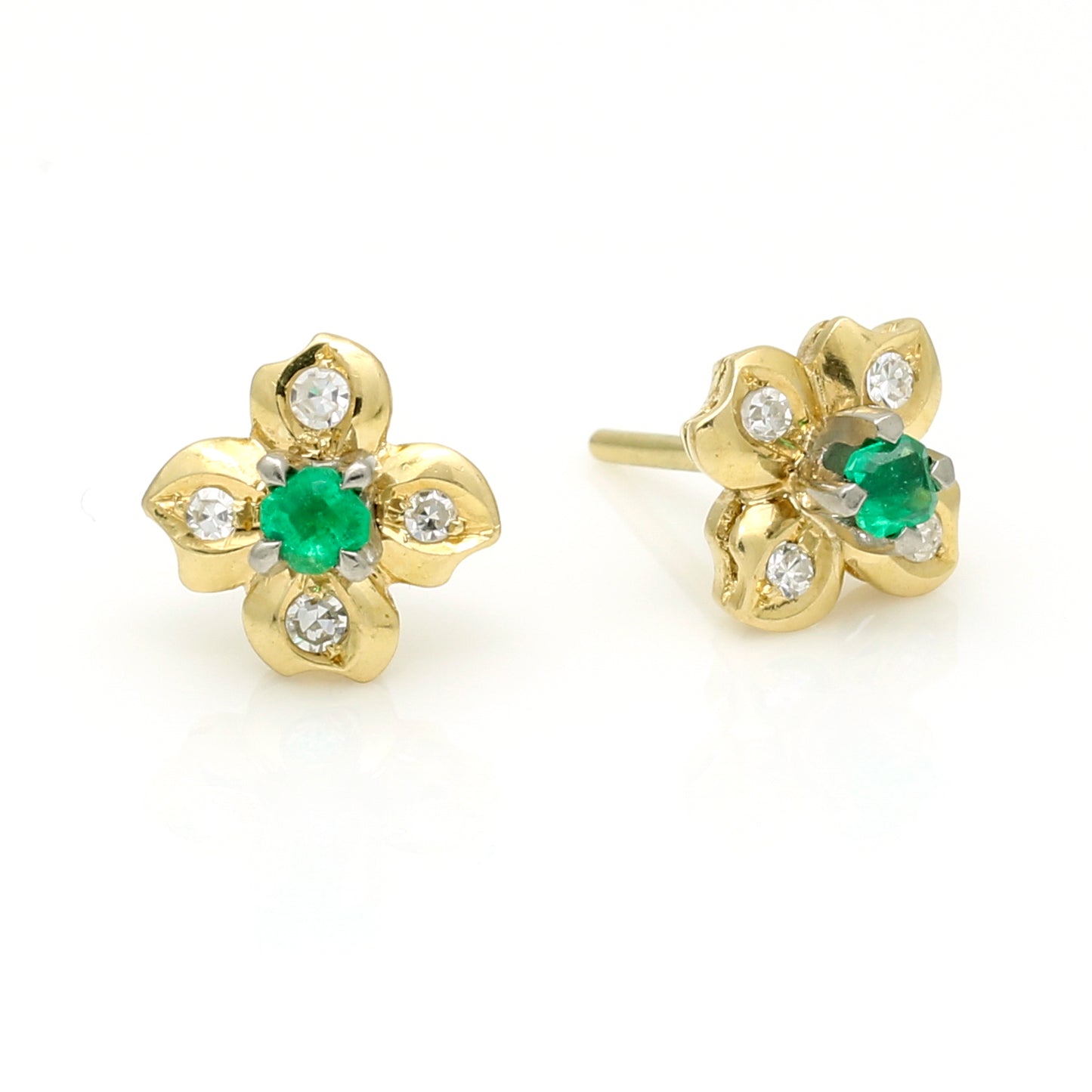 Vintage Emerald Diamond Four Petal Flower Stud Earrings - 18k Yellow Gold