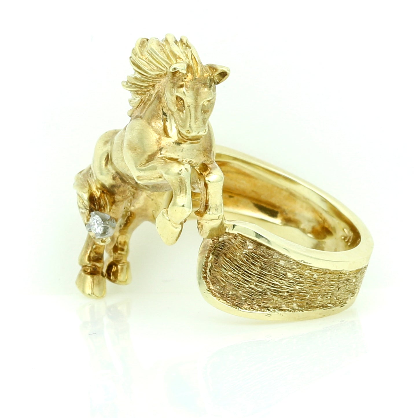 Horse Rearing Diamond Vintage Statement Ring 14k Yellow Gold Signed MK
