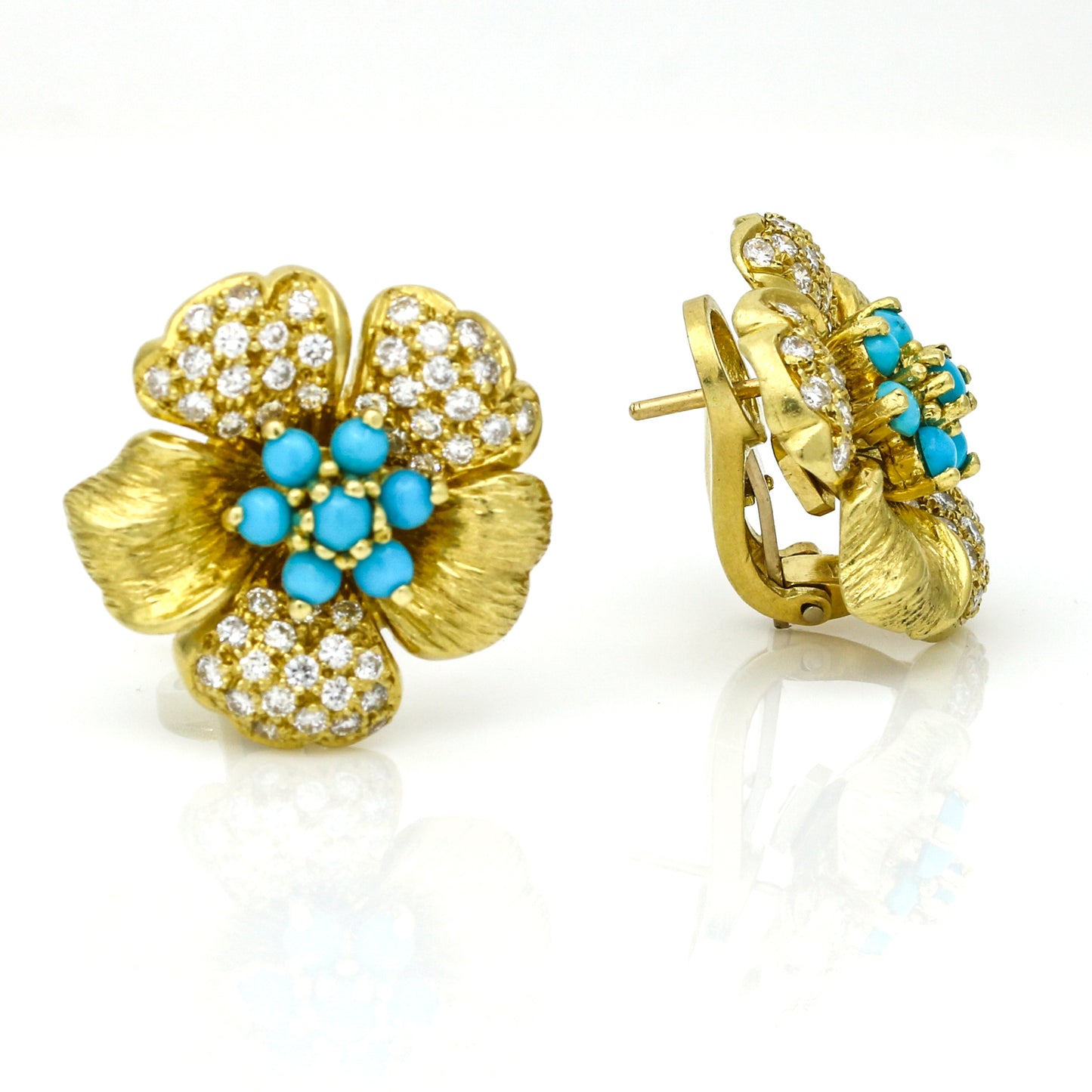 Turquoise Diamond Five Petal Flower Earrings in 18k Yellow Gold