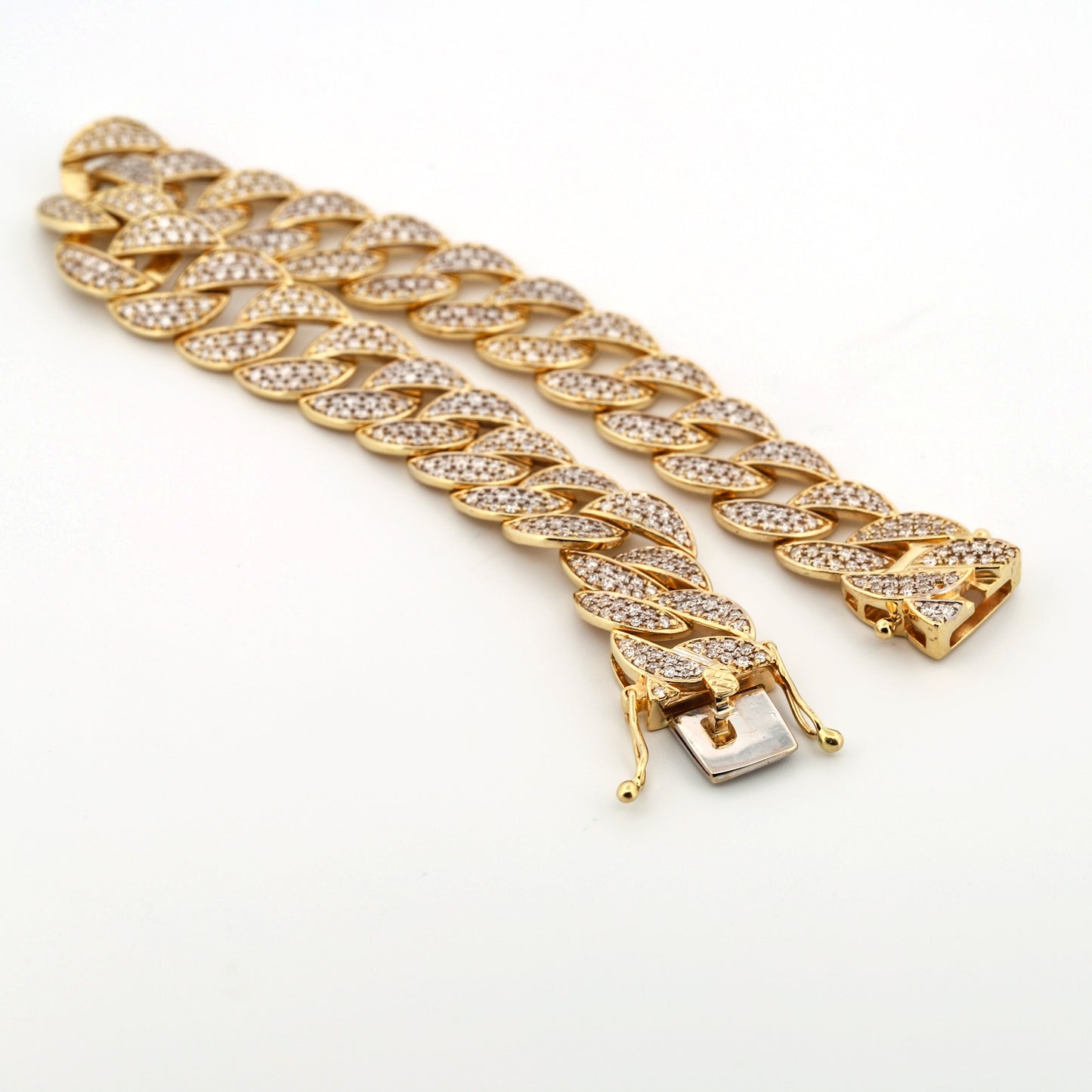 14k Yellow Gold Women's Cuban Link Bracelet with Pave Diamonds