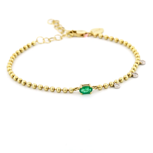 Meira T Emerald Bead Bracelet with 3 Dangling Diamonds 14k Gold
