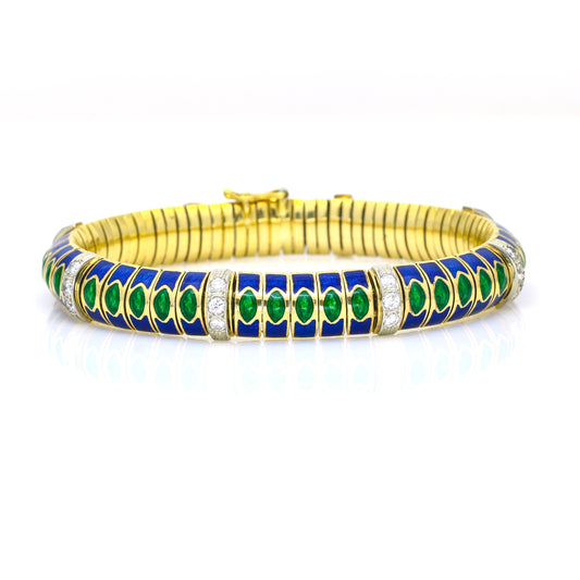 Women's Blue Green Enamel Diamond Link Bracelet in 18k Yellow Gold