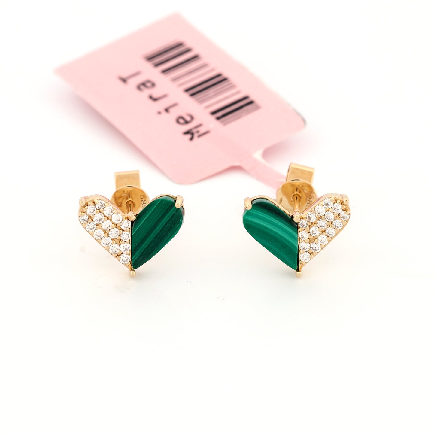 Meira T Malachite Diamond Heart Stud Earrings in 14k Yellow Gold