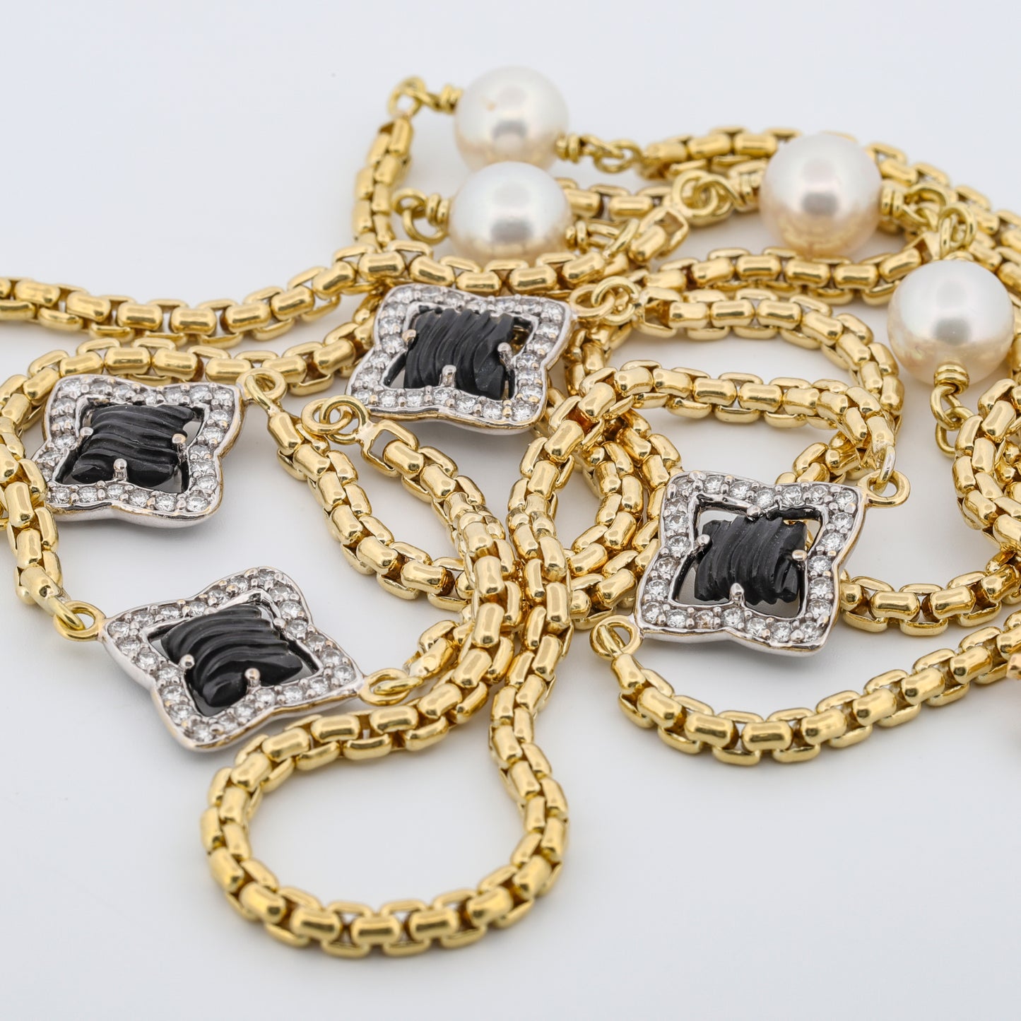 David Yurman 18k Gold Quatrefoil Diamond Station Necklace with Pearls and Onyx