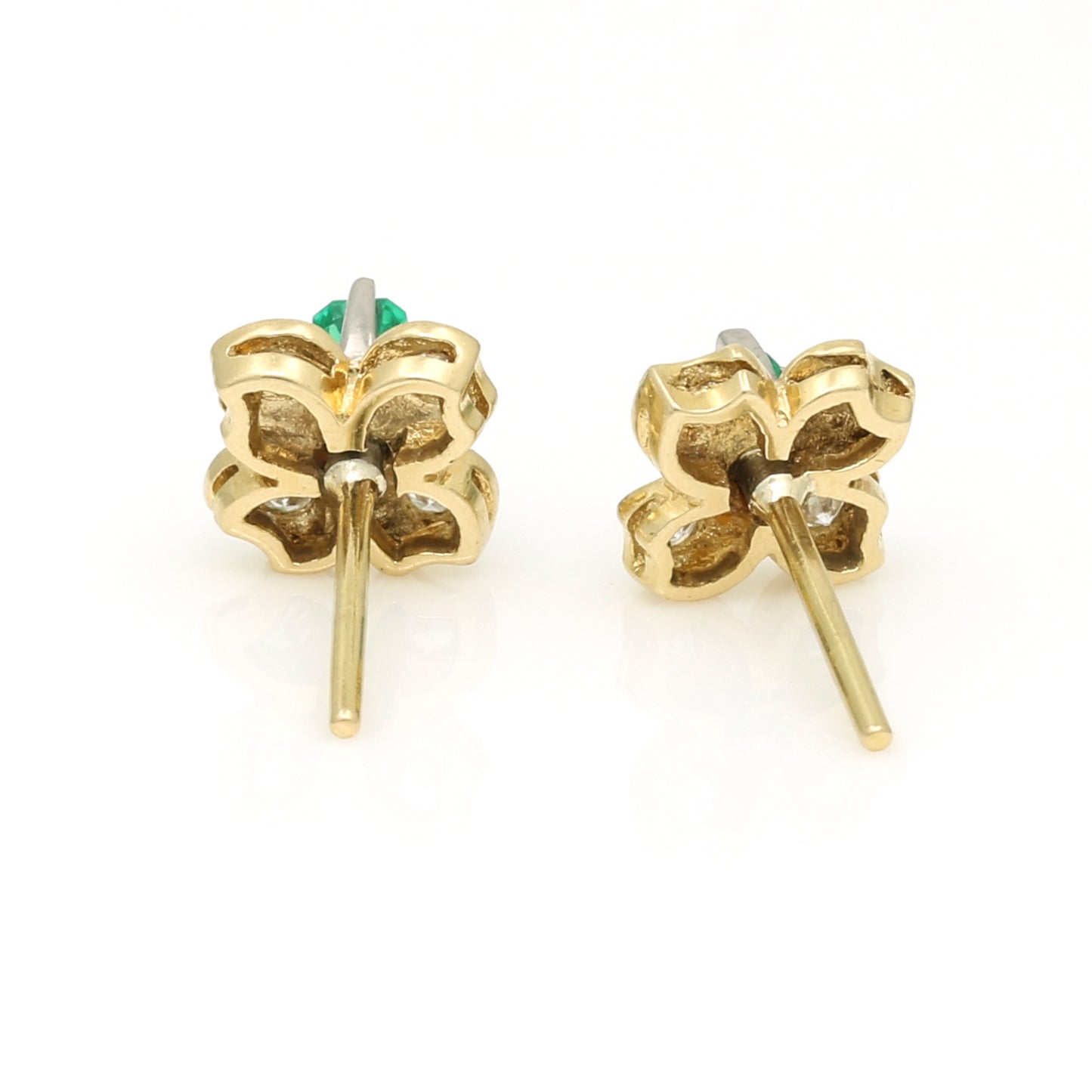 Vintage Emerald Diamond Four Petal Flower Stud Earrings - 18k Yellow Gold