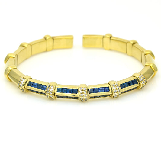 Women's Blue Sapphire Diamond Geometric Cuff Bracelet in 18k Yellow Gold