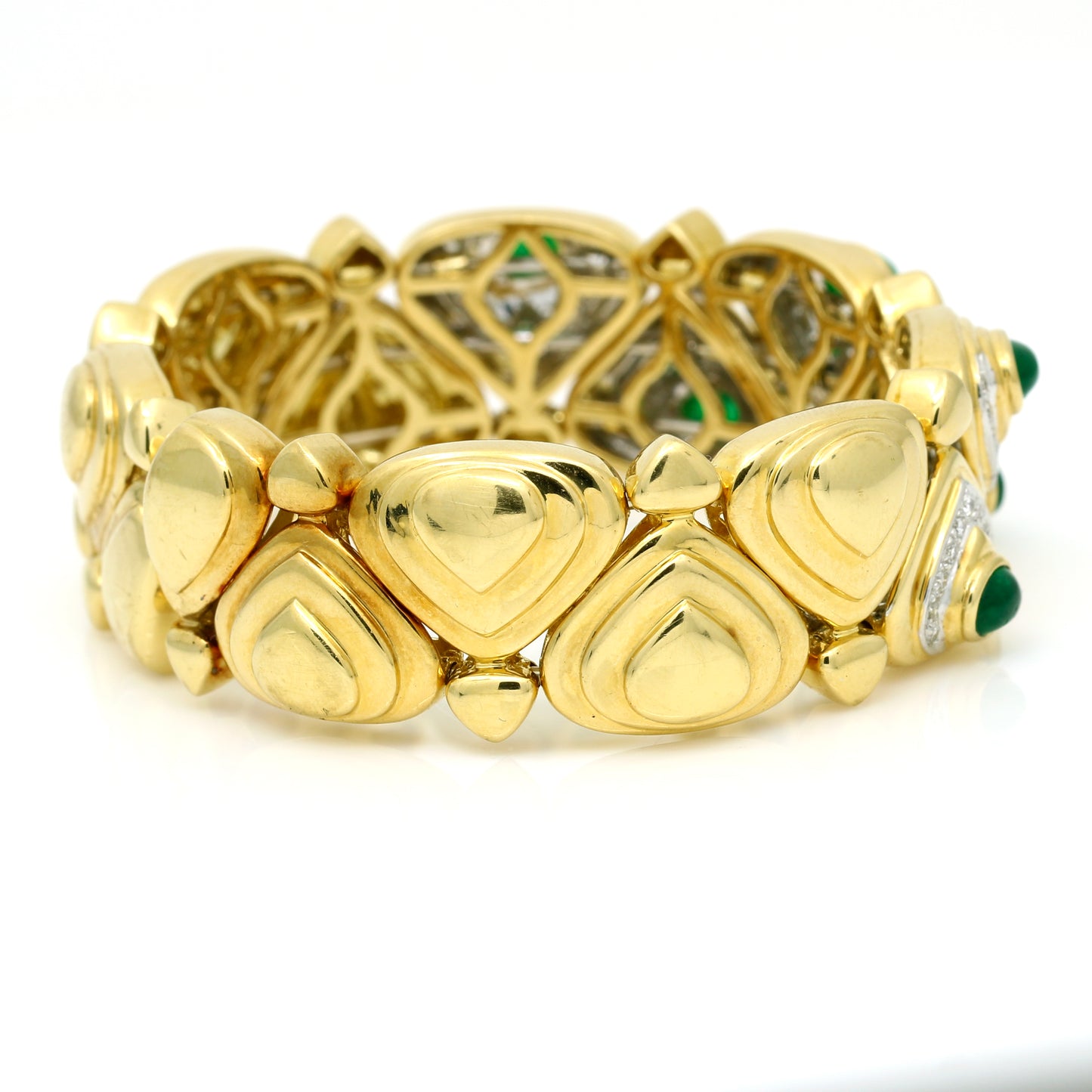 Women's Emerald and Diamond Cuff Bangle Statement Bracelet in 18k Yellow Gold