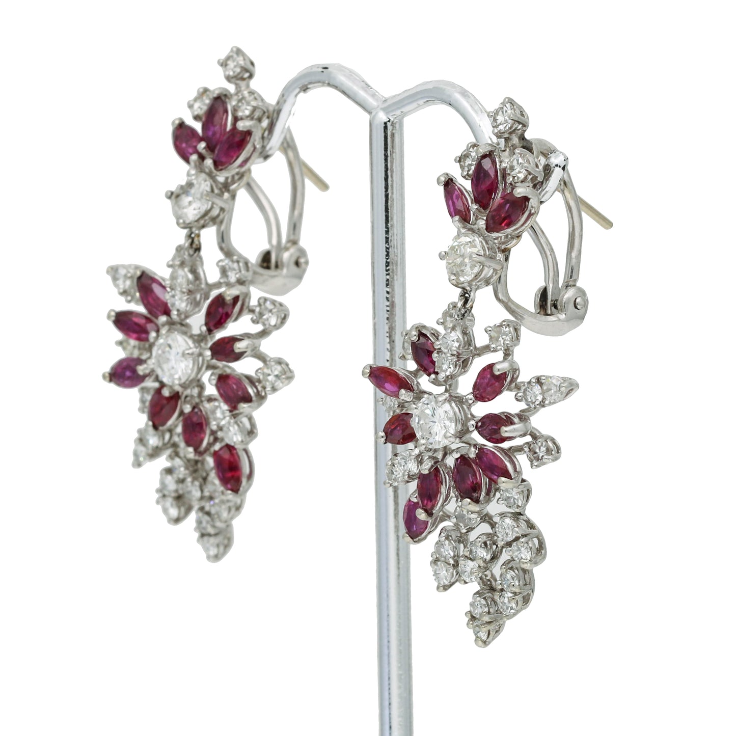 Vintage Ruby Diamond Palladium Drop Dangle Statement Earrings