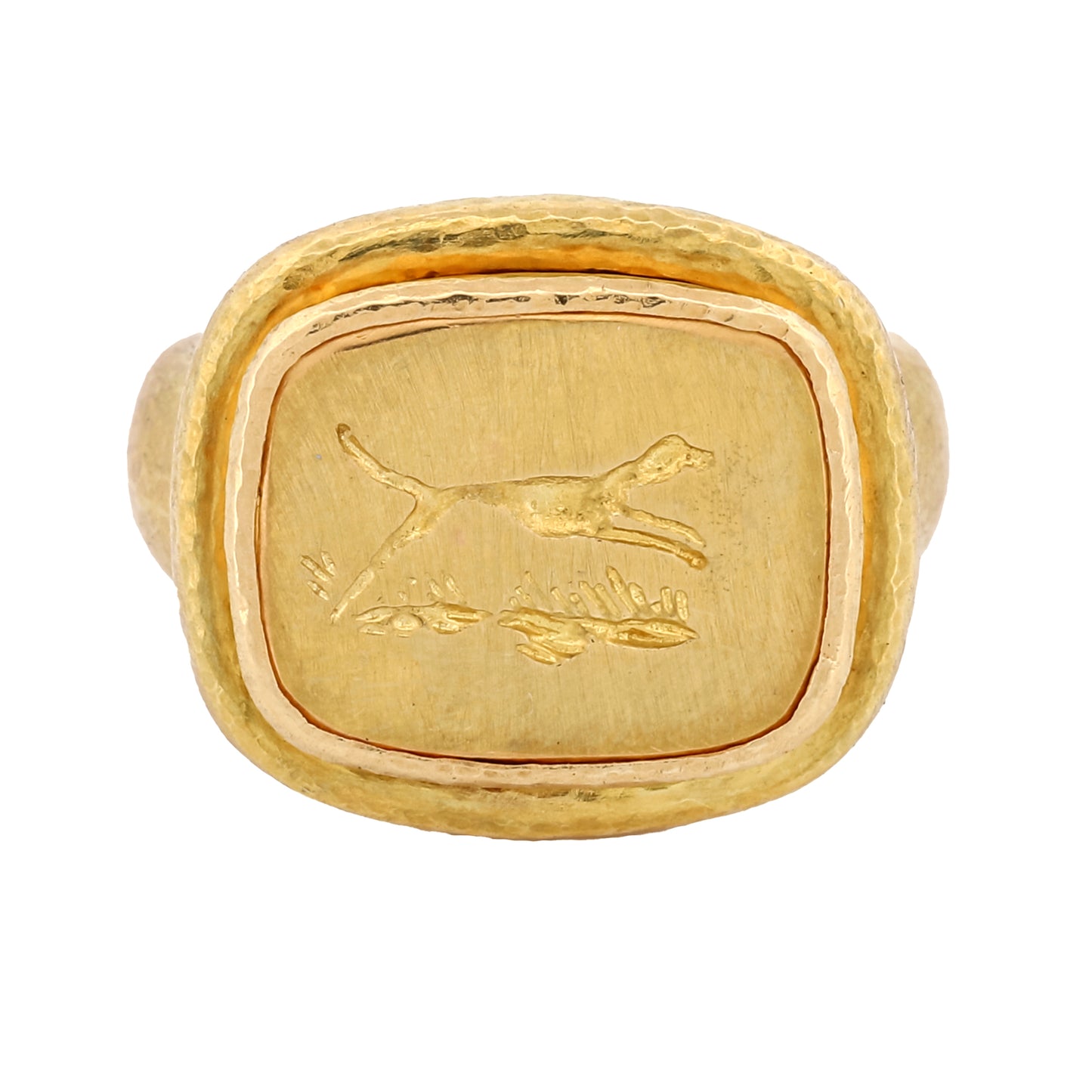 Elizabeth Locke 18k Gold Greyhound Signet Ring Hammered Texture