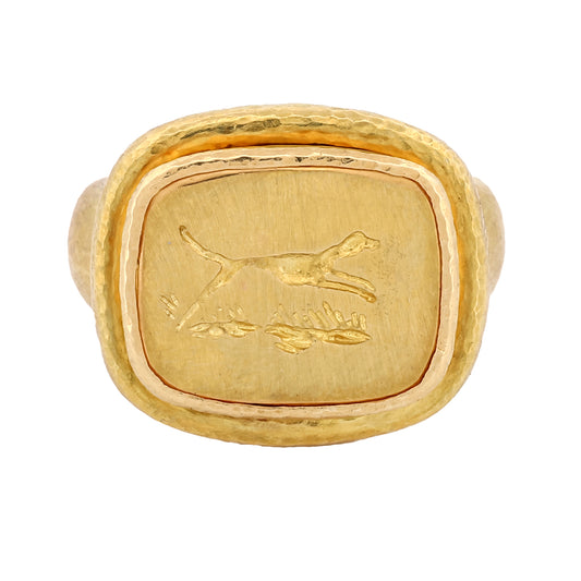 Elizabeth Locke 18k Gold Greyhound Signet Ring Hammered Texture