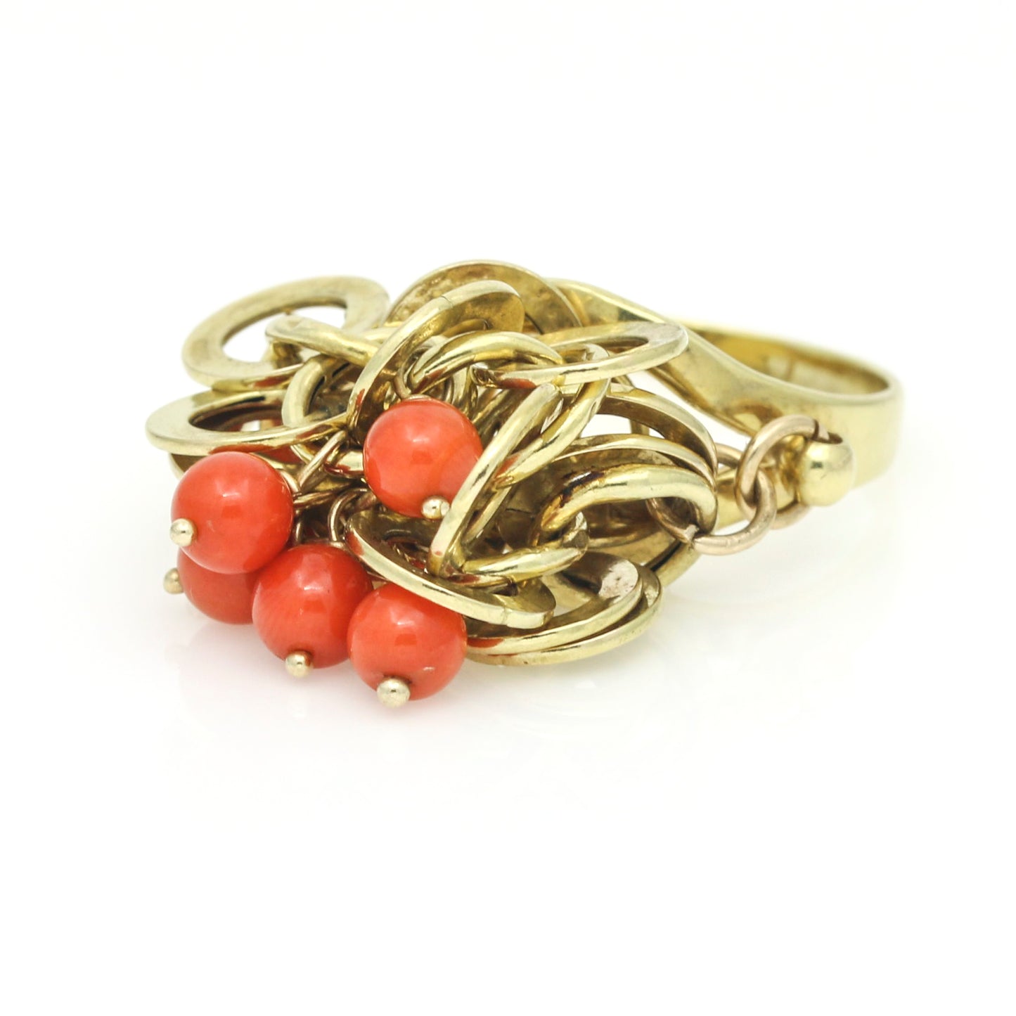 Vintage Red Coral and 14k Gold Circles Dangle Cluster Statement Ring |