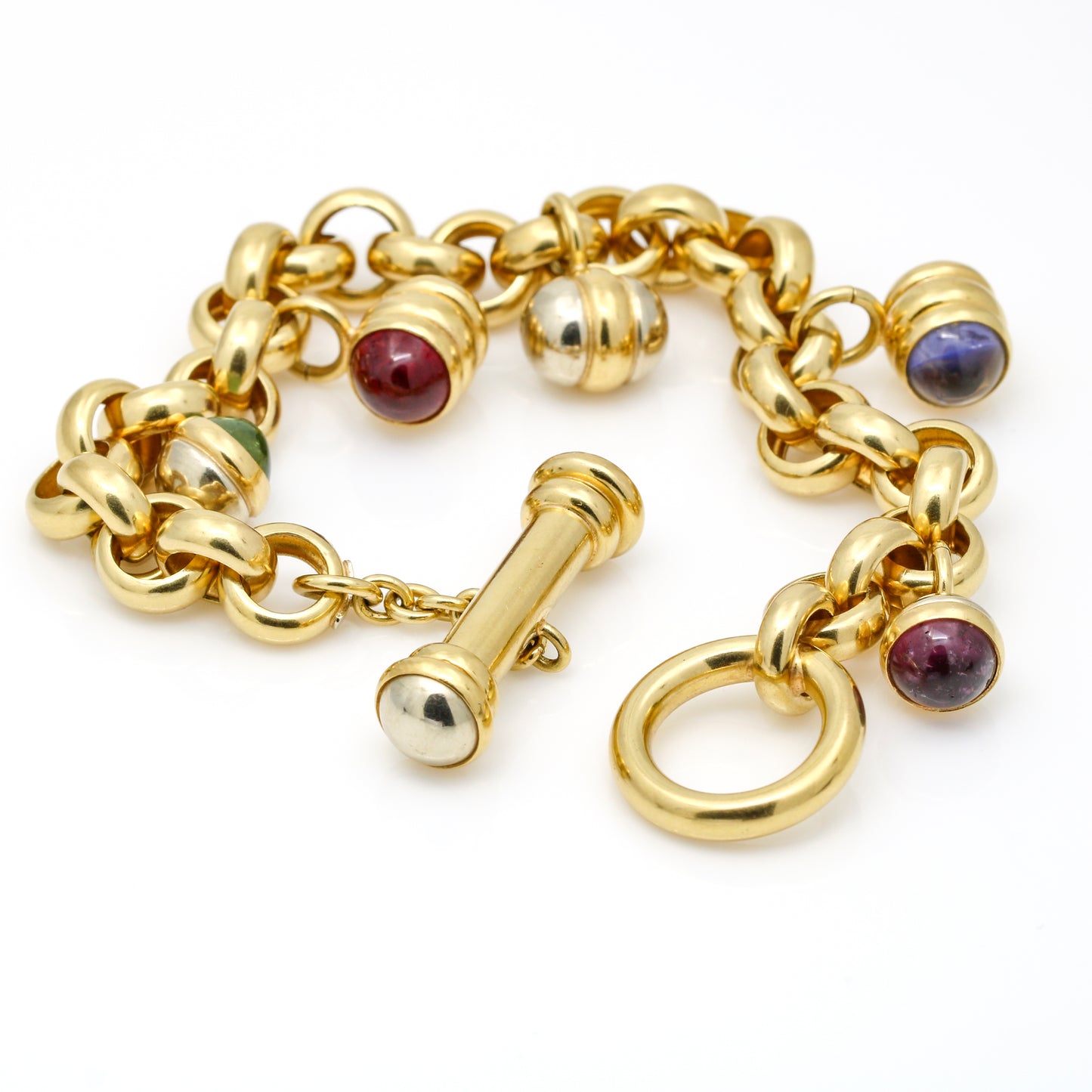 Italian 18k Yellow Gold Gemstone Charm Statement Toggle Bracelet