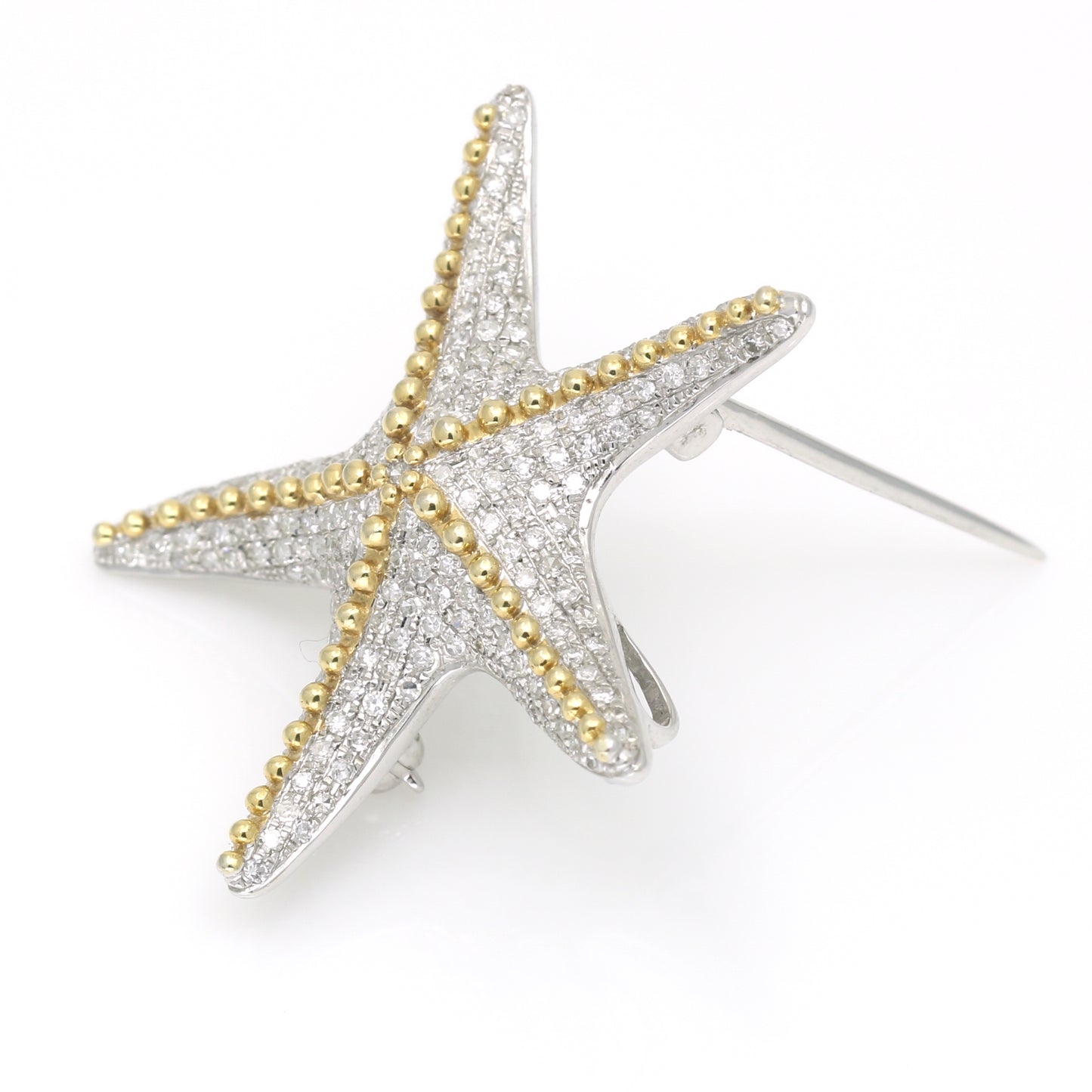 Sparkling Pave Diamond Starfish Brooch Pendant in 14k Yellow and White Gold