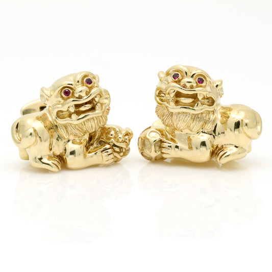 Oversize Foo Dog Cufflinks - 14K Yellow Gold with Ruby Eyes Signed JL