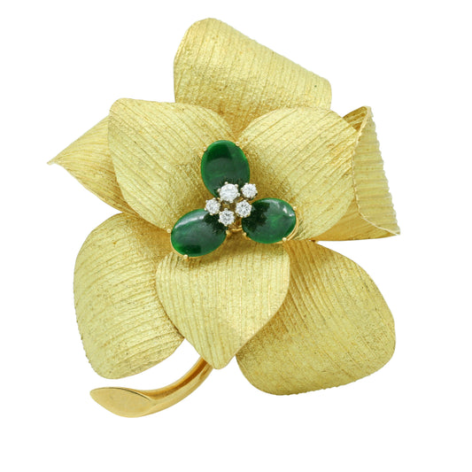 Piaget Vintage Flower Brooch - 18k Yellow Gold, Jade, Diamonds