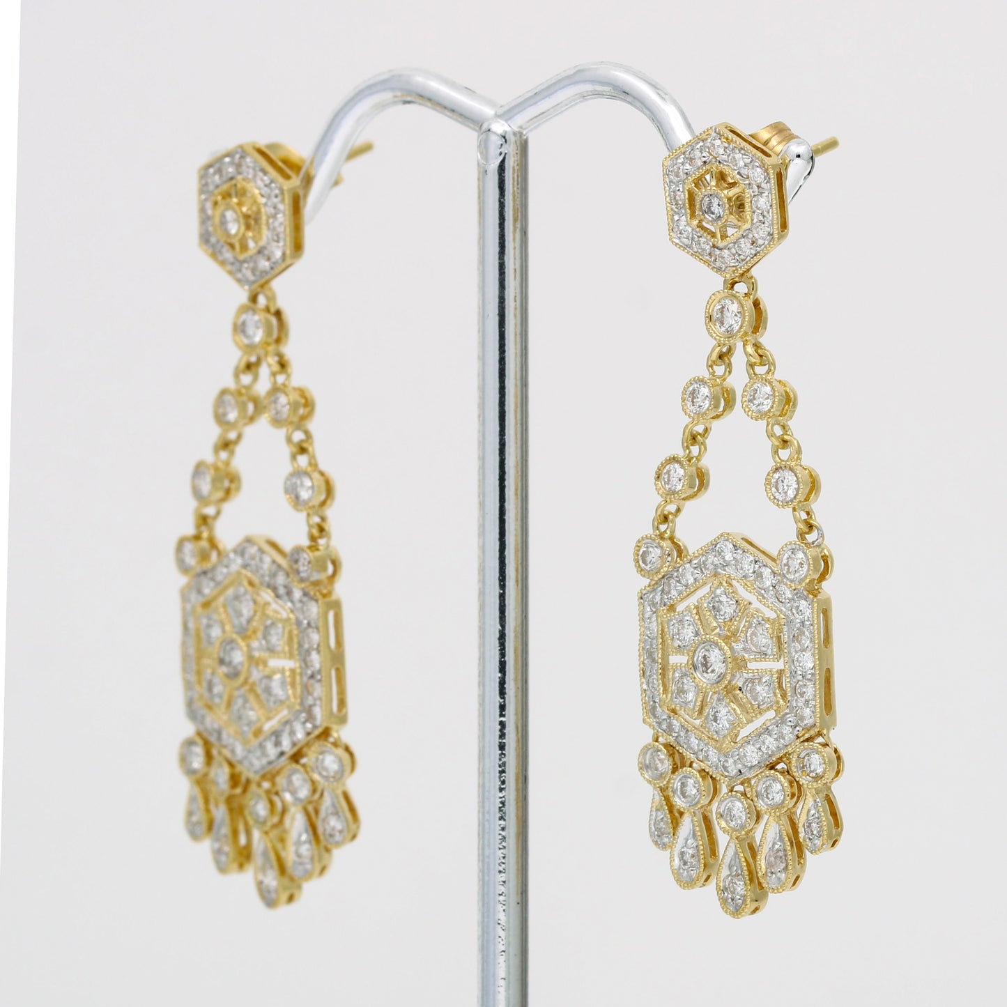Women's Chandelier Dangle Art Deco Style Earrings with Diamonds in 18k Yellow Gold