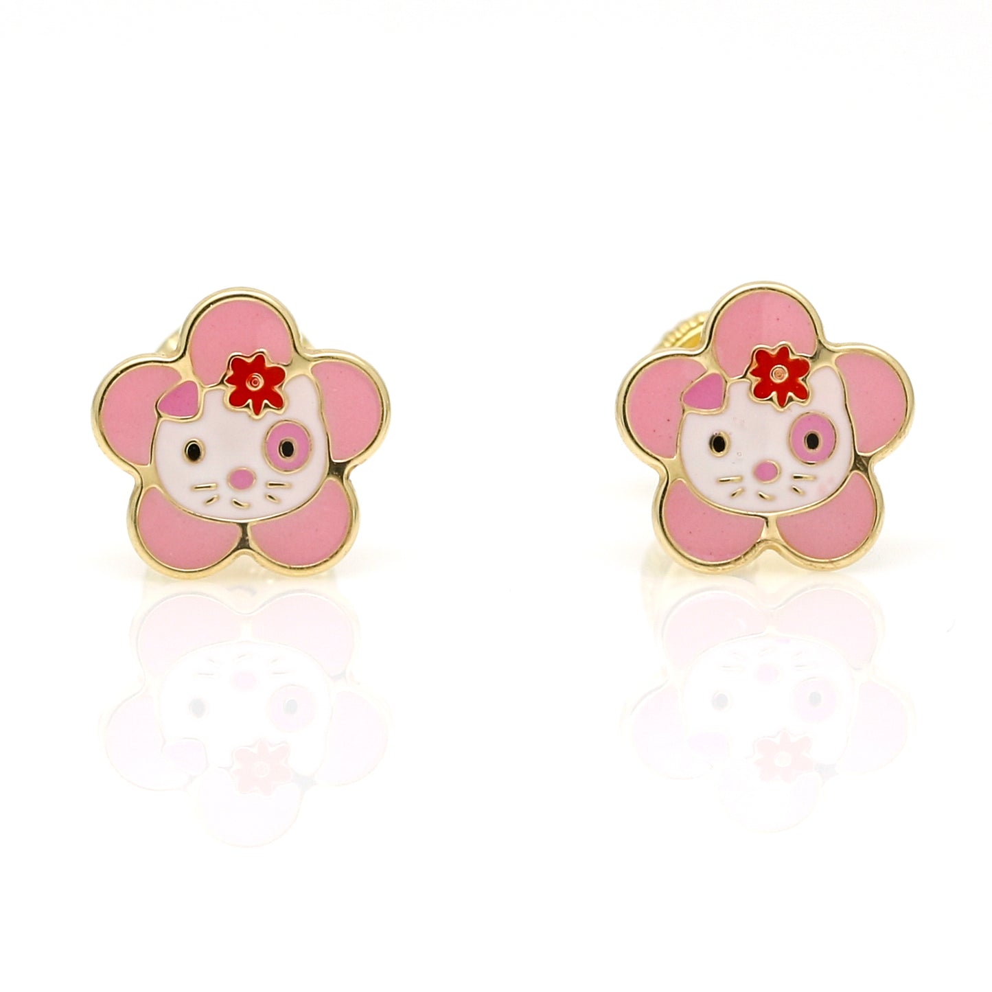 Hello Kitty Flower Enamel Stud Earrings in 14k Yellow Gold with Screwbacks Children's Jewelry