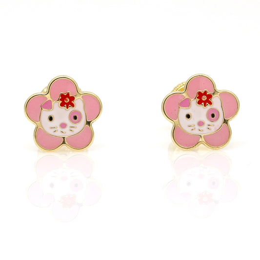 Hello Kitty Flower Enamel Stud Earrings in 14k Yellow Gold with Screwbacks Children's Jewelry