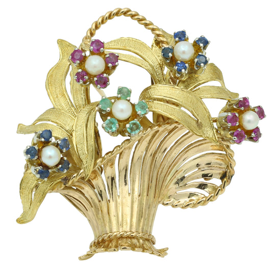 Vintage 18k Yellow Gold Brooch with Pearls, Rubies, Emeralds, and Sapphires - Signed V