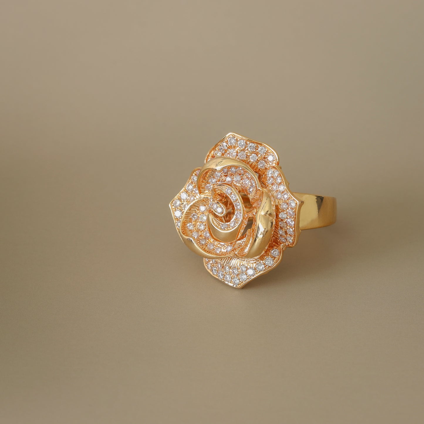 18k Rose Gold Diamond Rose Statement Ring - Romantic Floral Design - Size 8