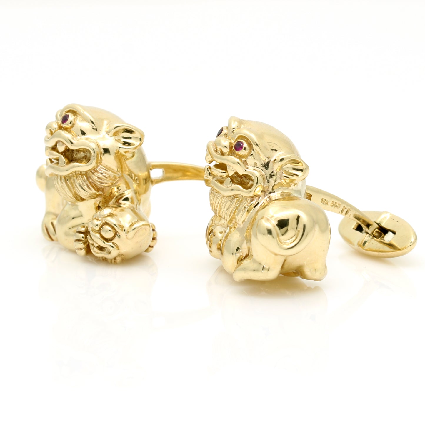 Oversize Foo Dog Cufflinks - 14K Yellow Gold with Ruby Eyes Signed JL